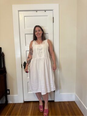 80s Vintage Leading Lady White Cotton Nursing Dress Sz M